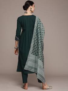 <b>women</b> ethnic Floral Embroidered Regular Pure Cotton Kurta with <b>Trousers</b> & With Dupatta indian pakistani salwaar kameez - Product Image 3