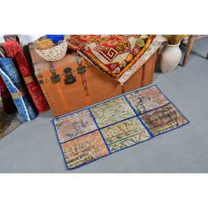 1.6x3.3 ft Turkish Small Rug, <b>Brown</b> Blue Vintage Check <b>Wool</b> Rug - Product Image 2