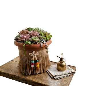 Maceta Decorativa Boho Hecha a Mano de PP de Alta Calidad, Ligera, Resistente a los Rayos UV, Ecológica, con Flecos y Cuentas Coloridas para Suculentas - Product Image 1