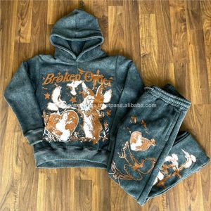 Observex Sports Hooded Heavyweight French Terry Screen Printing Distress <b>Rein</b>-stones Black Wash Unisex Oversize Track Suits - Product Image 2