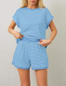 Conjuntos de salón de 2 piezas de verano para mujer, camisetas de manga corta a rayas, Mini Pantalones cortos, Conjunto de pijama acanalado - Product Image 5