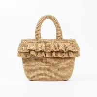 Sac seau en crochet pour femme avec raphia, style bohème, sac de plage à deux poignées, couleur naturelle