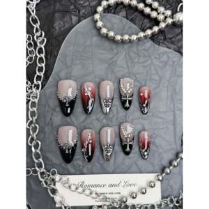 สีแดงเข้มคำปฏิญาณกดบนเล็บที่สง่างามและทันสมัย - Product Image 1