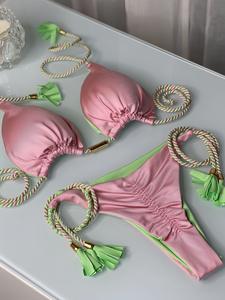 Ensemble de maillots de bain 2 pièces pour femme 2025, dos nu, en corde tressée, avec appliques en dentelle et strass, à pampilles, sexy et luxueux, pour la plage - Product Image 4