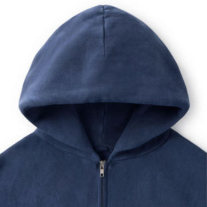 เสื้อฮู้ดซิปสีน้ำเงินกรมท่าสไตล์วินเทจ ผ้าฝ้าย 100% หนา 450 GSM แห้งเร็ว ทรงโอเวอร์ไซส์ สตรีทแวร์ ผ้าฟลีซหนานุ่ม ตกแต่งลูกปัด ไหล่ตก - Product Image 2