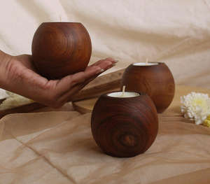 Porte-bougie votif en bois de manguier naturel artisanal de luxe avec silhouette sphérique ronde unique Décoration minimaliste Thé - Product Image 2