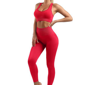 Conjunto de entrenamiento de dos piezas para mujer Spandex/nailon transpirable Sujetador deportivo sin costuras mallas sólidas cintura elástica compresión para Yoga gimnasio - Product Image 6