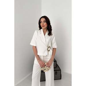 Ecru Single-Buckle Jacket And Trousers <b>Set</b> - Ecru - Product Image 3