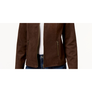 Giacca Moto in Finta Pelle Scamosciata Marrone da Donna Style Co, Stile Bomber con Colletto Alto, Motivo Tinta Unita, Logo Personalizzato, PU XL per Signore, Collezione Autunnale - Product Image 3