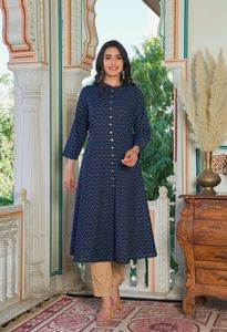 <span class=keywords><strong>Zig</strong></span> <span class=keywords><strong>Zag</strong></span> in màu Xanh anarkali kurti vải mềm thoải mái phù hợp lý tưởng cho mặc hàng ngày theo kiểu với thanh lịch truyền thống Ấn Độ - Product Image 5