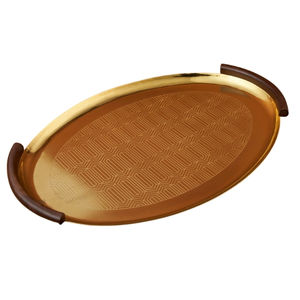 Plateau de service rond Ramadan Special Premium Plateaux de service avec manche en bois Plateau de service alimentaire de conception du Moyen-Orient fini doré - Product Image 1