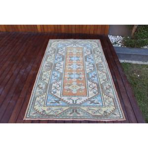 พรมขนาด 3.9x6.7 ฟุต, พรมวินเทจสไตล์ตุรกี, พรมขนสัตว์สีน้ำเงิน - Product Image 1