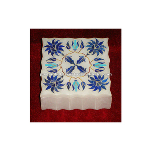 White Marble Lapis Lazuli Inlay Work Square Stone Inlay <b>Box</b> - Product Image 1