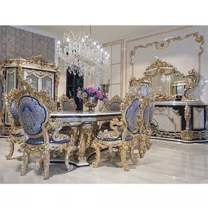 ชุดเฟอร์นิเจอร์รับประทานอาหารไม้สักรอยัลแกะสลักหนัก,เฟอร์นิเจอร์ห้องอาหารทำมือหรูหราชุดรับประทานอาหารใบไม้สีทองวิคตอเรีย - Product Image 1
