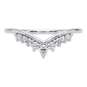 18K Solid Gold <b>Rhodium</b> Plated Chevron Diamond Engagement Wedding Band Pear and Round Cut Contour V-Shape Stacking <b>Ring</b> for Women - Product Image 3