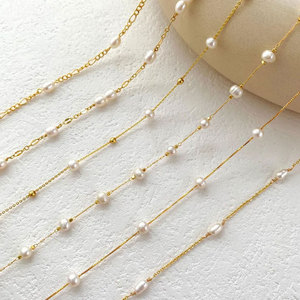 Collier en chaîne à maillons perlés en or plaqué 10 carats fait main, avec perles d'eau douce naturelles de luxe, pour femmes, cadeau de mariage ou de fiançailles - Product Image 1