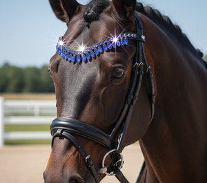 Diadema de Cristal Azul Rey con Forma de Gota |   Banda Frontal para Brida de Caballo de Cuero Negro Hecha a Mano - Product Image 1