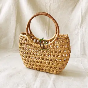 Bolsa de mão em rattan estilo praia, sacola de palha com cesta de água, hyacinth, bambu, rattan, verão