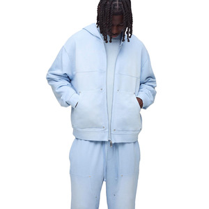 Ensemble de survêtement pour homme en molleton lourd bleu ciel lavé, sweat à capuche oversize à fermeture éclair, jogging décontracté, streetwear, commande en gros, production OEM - Product Image 3