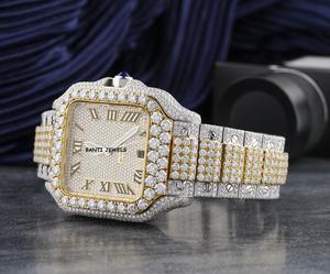 Montre de luxe sertie de moissanite, deux tons or et argent, montre de poignet hip-hop avec cadran romain - Product Image 2