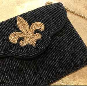 Premium Mini Clutch Evening Party Black Beaded Envelope Shape Classic Gold Fleur De Lis Detachable Chain Available Bulk Discount - Product Image 4