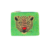 Porte-monnaie léopard fait main à sequins et perles, avec pompon, motif fruit mignon, mini pochette zippée, bandoulière, capacité 1L, pour femmes et filles