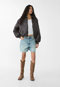 Doudoune en cuir OEM marron unique pour femme Veste bulle à fermeture éclair complète d'hiver avec manches longues à revers Traitement tricoté - Product Image 2