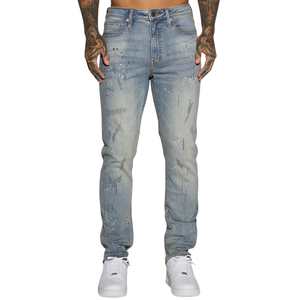 Mens Light Blue Washed Distressed Jeans <b>Paint</b> Splatter Detail Casual Straight Fit Mid Breathable Front Streetwear Fashion - Product Image 1