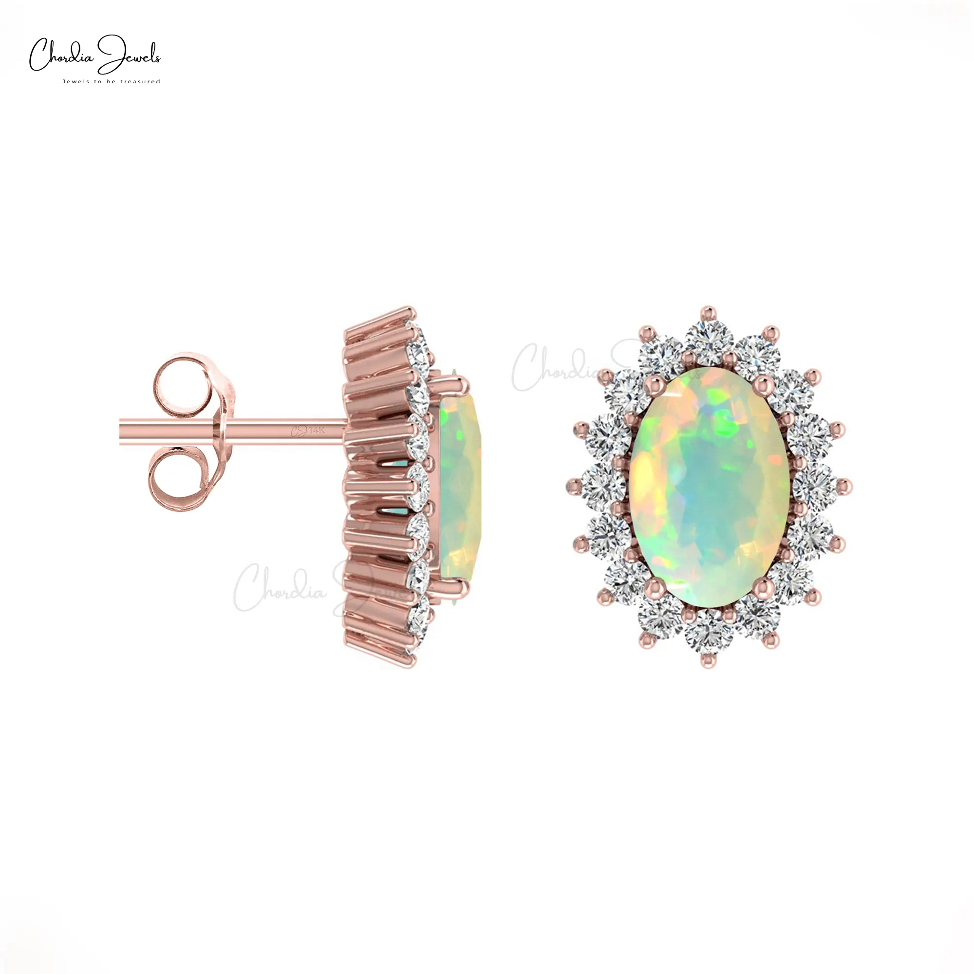 Natural Ethiopian Opal Earrings 14k Solid Gold Diamond Halo Earrings Multi Fire 6X4mm Oval cut Opal Studs Handmade Opal Jewelry