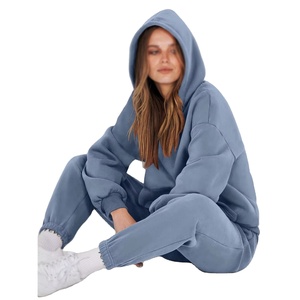 Ensemble de survêtement 2 pièces pour femme, léger, coupe-vent, respirant, avec sweat à capuche et pantalon de jogging, coupe droite, devant 100% coton, automne, élégant - Product Image 3