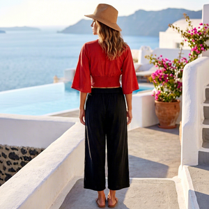 Women's Bohemian <b>Crop</b> <b>Top</b> Blouse <b>Red</b> Three Quarter Bell Sleeve Boat Neck Elastic Waist Solid Color Spring Summer Regular Fit - Product Image 2
