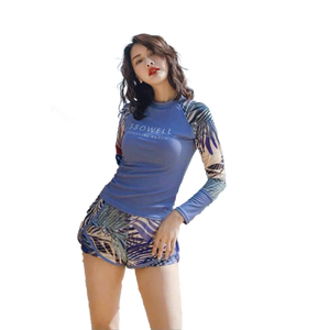 Ensemble de maillot de bain deux pièces pour femme, noir et bleu uni, coupe intégrale, en nylon-spandex imperméable, anti-UV, séchage rapide, avec imprimé frontal - Product Image 1