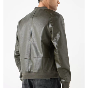 Blouson aviateur à col montant en cuir véritable au design moderne et simple pour hommes, tenue décontractée légère et chaude pour l'hiver avec fermeture à glissière et logo sur le devant - Product Image 2