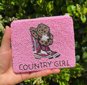 Country Girl Seed Beaded Coin Pouch Makeup Bag Cute <b>Mini</b> <b>Canvas</b> Purse with Zippered Closure Patterned Lovely Embroidered Style - Product Image 1
