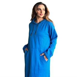 Full Sleeve Length Wholesale Ladies Winter Blue Maxi Tunic Dress East West Women Long Fleece Pullover Hoodie with Hooded Design - Product Image 3