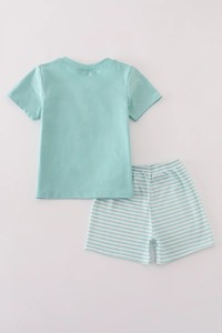 Ensemble short de chasse pour chiot brodé à rayures vertes Vêtements pour garçons confortables pour les tout-petits Collection d'été au design de chien mignon - Product Image 4