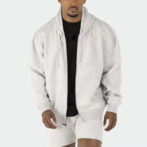 เสื้อฮู้ดขนแกะผ้าคอตตอนโพลีเอสเตอร์แบบมีซิปสีพื้นทรงโอเวอร์ไซส์ของผู้ชายปรับแต่งได้ - Product Image 5