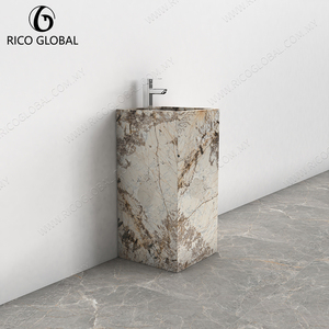 Luxe Natural Marble <b>Pedestal</b> <b>Sink</b> Opulent <b>Bathroom</b> Interior Dramatic Veined Finish Slim Column Design <b>Farmhouse</b> Triangle - Product Image 2