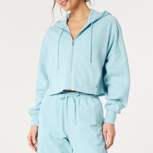 Sweat-shirts à capuche courts à fermeture éclair intégrale respirants fabriqués en usine, poches ourlées, ourlet inférieur personnalisé, impression sérigraphique, style streetwear pour femmes, hiver - Product Image 1