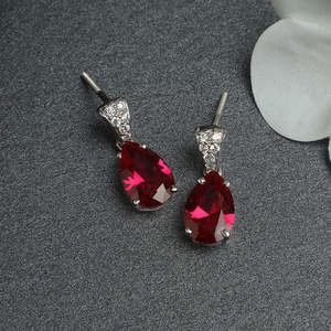 NOVAMART Fine Blood <b>Red</b> Rhodium-Plated 925 Sterling Silver Water Drop <b>Earrings</b> for Women & Girls Wholesale Export - Product Image 2