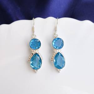 Boucles d'oreilles pendantes en topaze bleue suisse, plaquées argent, boucles d'oreilles à gouttes, boucles d'oreilles en cristal bleu aqua, bijoux bohèmes faits à la main, cadeau pour elle - Product Image 4
