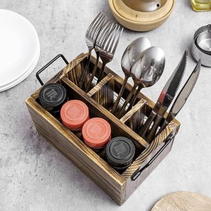 Wholesale Rustic Brown Wood Utensil Holder and Napkin Rack with Black Metal Handles and Metal Net Front Panel Dining Flatware - Product Image 4