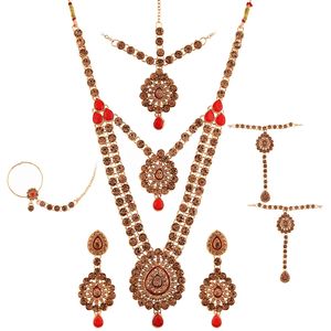 Traditionnel mariée mariage strass collier boucle d'oreille Maang Tikka tête chaîne nez anneau Bracelet ensemble de bijoux - Product Image 6