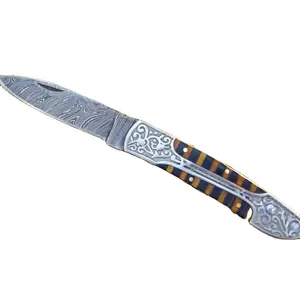 סכין מתקפלת פלדה דמשקית בעבודת יד עם להב וידית עץ בדרגה תעשייתית נתמכת OBM ODM