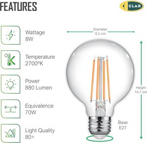 Clar-lớn <span class=keywords><strong>E27</strong></span> <span class=keywords><strong>LED</strong></span> <span class=keywords><strong>Globe</strong></span> <span class=keywords><strong>bulb</strong></span> 8 Wát Vintage Filament, retro trang trí đèn cho chiếu sáng trong nhà - Product Image 2
