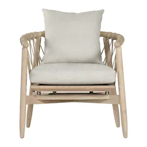 Modern Outdoor Patio Garden Leisure Chair Teak Solid Wood Frame With Cross Web Rope Backrest And Fabric Cushion