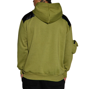 เสื้อฮู้ดดี้ผู้ชายทรงโอเวอร์ไซส์ แขนเสื้อแบบดรอปโชว์เดอร์ ผ้าเฟรนช์เทอร์รี่ คุณภาพสูง สไตล์วินเทจ สีตัดต่อ มีกระเป๋าคาร์โก้ พร้อมเข็มขัด สีเขียวมะกอก - Product Image 3