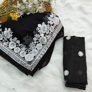 Soie georgette douce avec broderie de fil blanc et sari de bordure en dentelle avec collection de chemisiers Bangalore en satin - Product Image 2