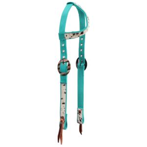 ชุดสายรัดศีรษะและสายรัดอกม้าแบบตะวันตก ทำจากไนลอนสีเขียวอมฟ้า ประดับด้วยหนังวัวและขนสัตว์ พร้อมหัวเข็มขัดแบบแท่งสีเงินและทองแดง ปลายสายรัดเข้าชุดกันสำหรับขี่ม้า - Product Image 2