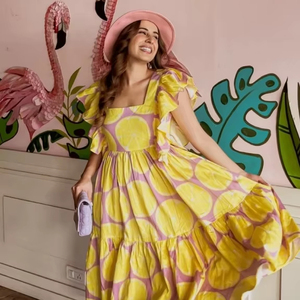 ชุดเดรสผ้าฝ้ายพิมพ์ลายดอกไม้สไตล์อินเดีย  แบบยั่งยืน ซักได้ ความยาวระดับเข่า เหมาะสำหรับงานปาร์ตี้ งานแต่งงาน/ฮันนีมูน  สำหรับผู้หญิง - Product Image 1